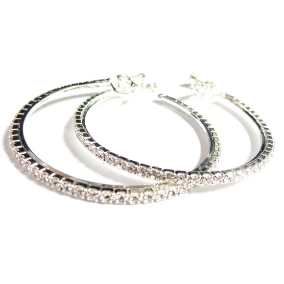 Two Pair Silver Hoop with Rhinestones Earrings, BLING 2.5” & 2.75” - Picture 3 of 7